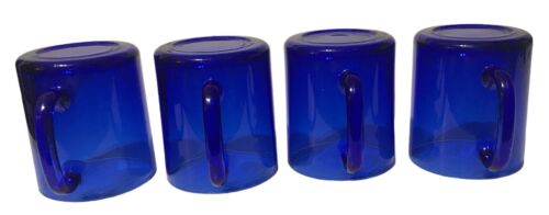 Cobalt Blue Glass Coffee Tea Set of 4 Mugs~Cups France 3 5/8” tall~Handle - Picture 3 of 4