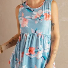 NWT Sleeveless Floral Print Babydoll Tank Top Blue/Pink Small