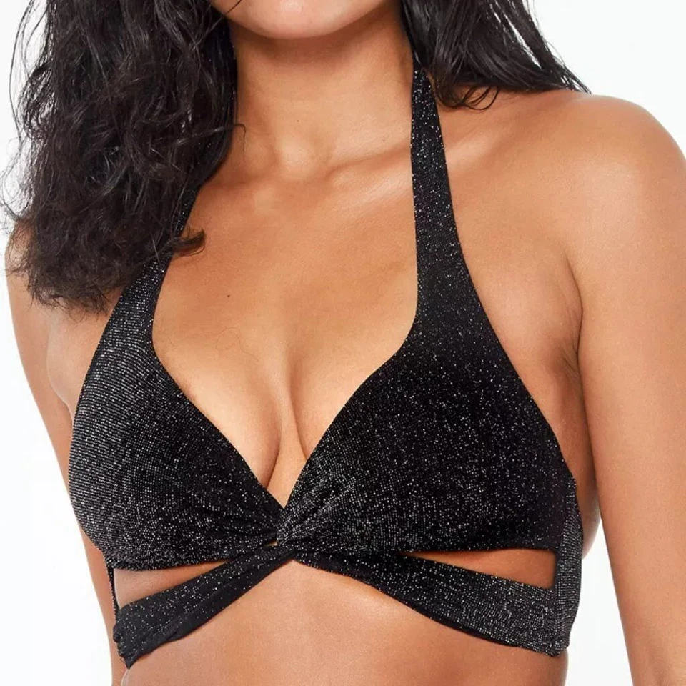 Top de bikini Bar III Shimmer Twist-Halter, negro, talla pequeña Foto 2 de 4