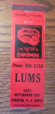 LUMS FAMILY RESTAURANT MATCHBOOK COVER: TRENTON, NEW JERSEY 1970s MATCHCOVER B18