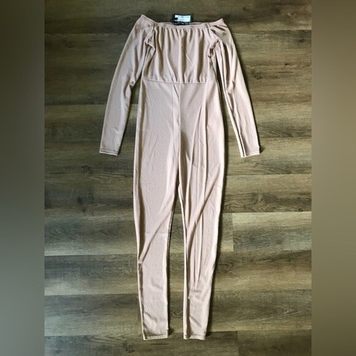 PrettyLittleThing Women's Stone Rib Bardot Long Sleeve Jumpsuit, Size 8 - Picture 3 of 7