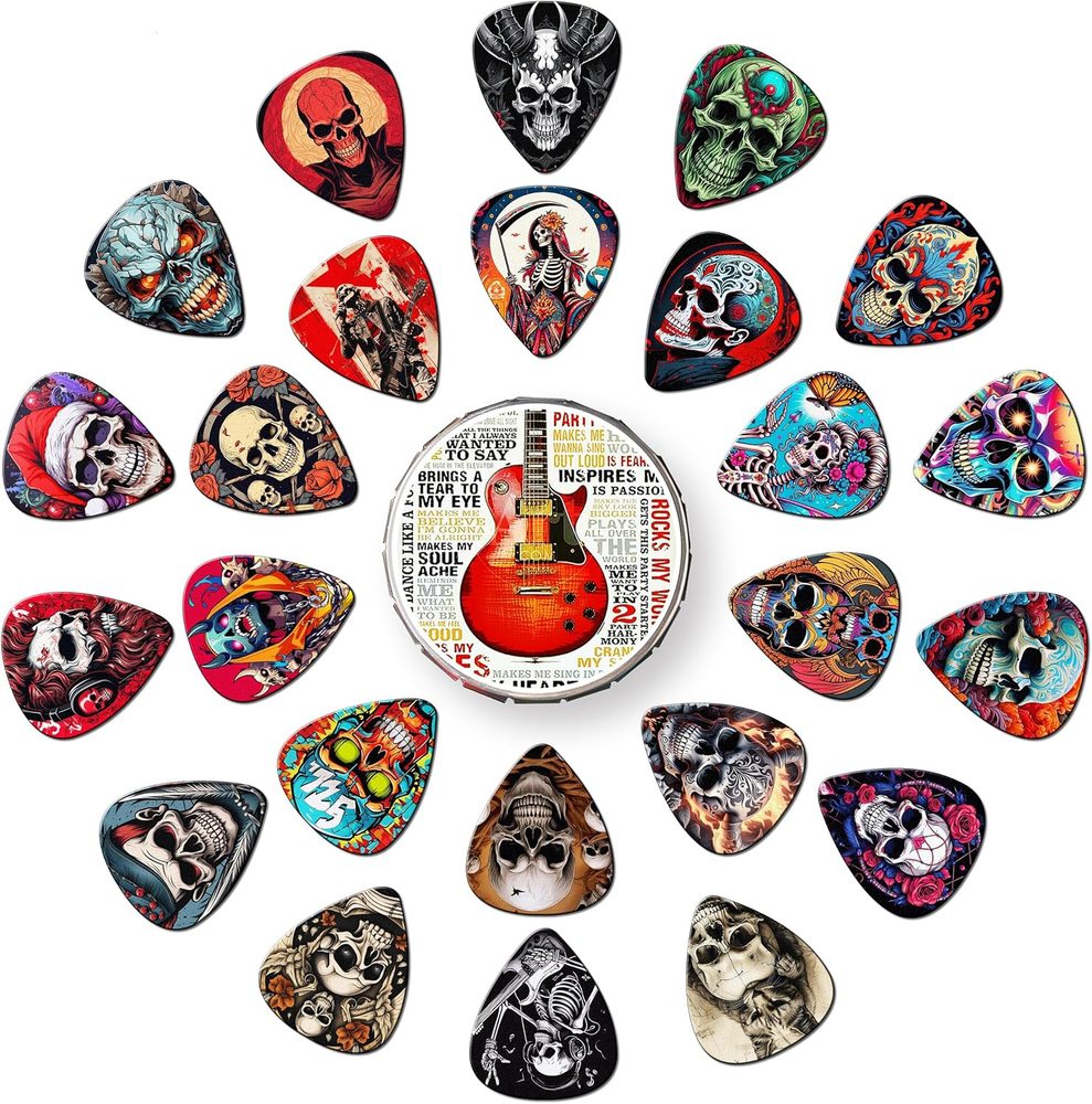 24pc Skull Design Guitar Picks Variety Pack 0.46-1.20mm for Electric Acoustic Bass