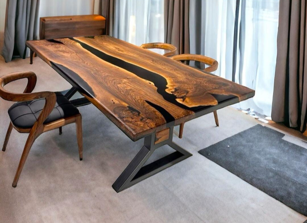 36x72 Walnut Epoxy River Dining Table Top Handcrafted Black Resin Wood-image