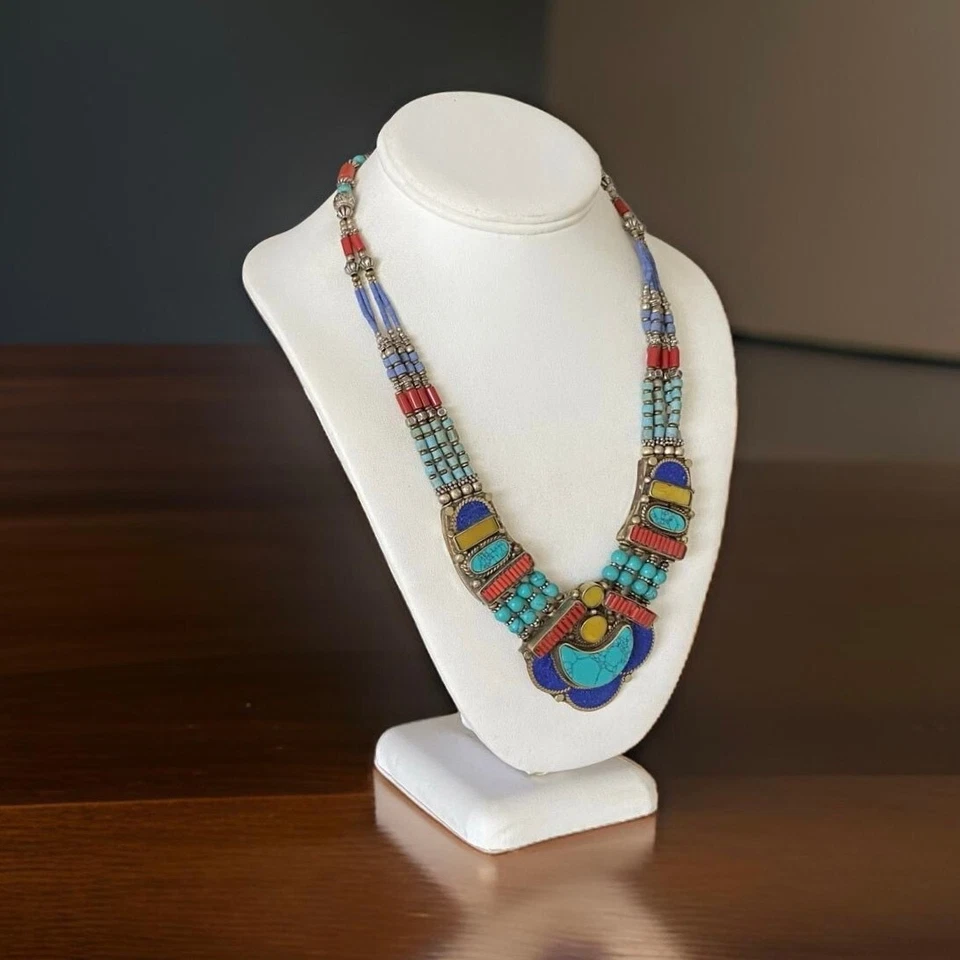 Nepal Tibetano Babero Collar Turquesa Nepal Étnico Lapislázuli Hecho a Mano Joyería Boho  Foto 4 de 4