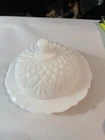 VINTAGE Milk Glass Hobnail Covered Butter Dish White Scalloped Edge DOME LID