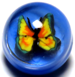 DELIGHTFUL CORNFLOWER BLUE & YELLOW BUTTERFLY GLASS PAPERWEIGHT BUTTON