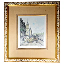 Hans Figura Etching Aquatint Signed Austrian Framed 18x20 Glass Quai Aux Fleurs