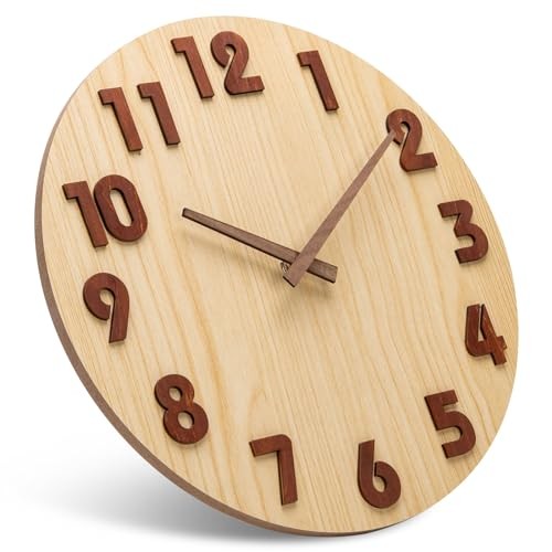 Wall Clocks 12 Inch Silent Non Ticking Battery Operated Rustic Round Wood Color - Picture 2 of 7