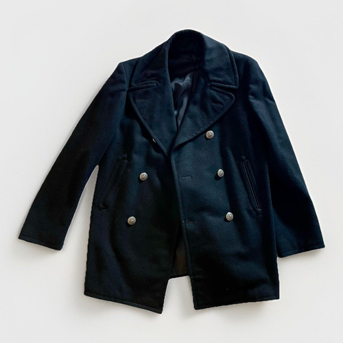 Vtg 1970s Navy Black Wool Peacoat Overcoat Pewter Buttons Enlisted Men Size 38R