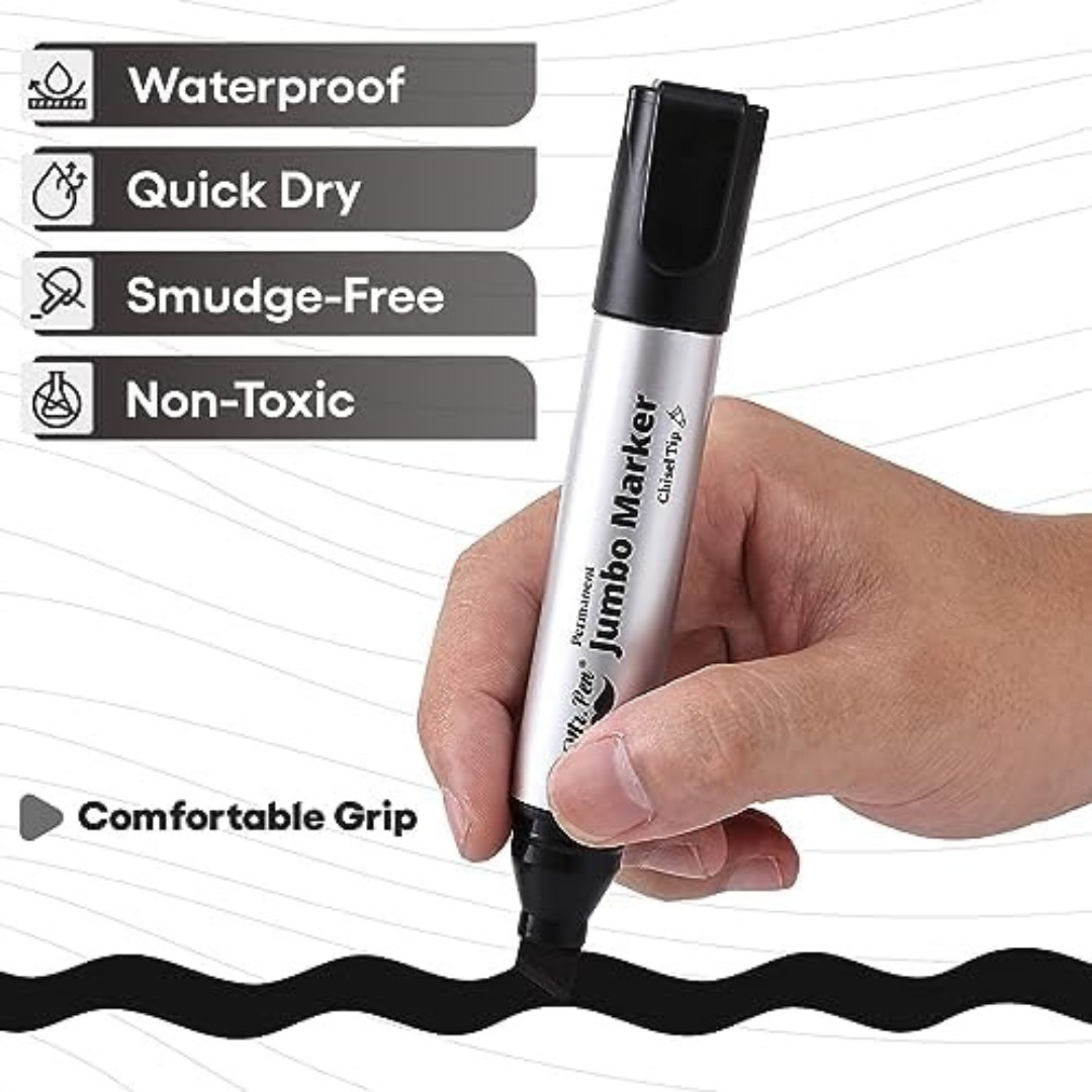 Jumbo Permanent Markers, 4 Pack, Chisel Tip, Black - Thick, Wide Tip, Large Size