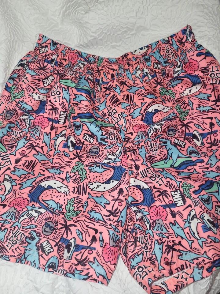 Nike Boys Shark Graphic Print Swim Shorts Pink Multicolour Elastic Waist XL - Image 3 of 3