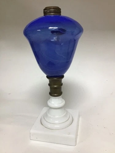 Victorian Style Cobalt Blue w/ White Swirl Oil Lamp, Milk Glass Base