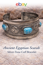 Vintage Egyptian Revival Ceramic Blue Scarab Beetles Wide Cuff Bangle Bracelet
