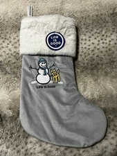 LIFE IS GOOD Christmas Stocking Embroidered Snowman & Dog Rocket Velvet Faux Fur