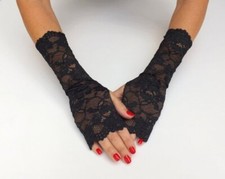 Black Fingerless Floral Elastic Stretch Lace Gloves for Women
