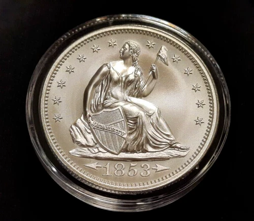 1853 SEATED LIBERTY ARROWS & RAYS TRIBUTE 2 OZ - 39MM .999 PURE SILVER INTAGLIO
