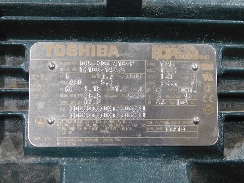 USED Toshiba 0052XDSB41A-P Motor 5 HP 3.7kW 3500 RPM 5200 Max. RPM 460V 1.15 SF - Image 3 of 4