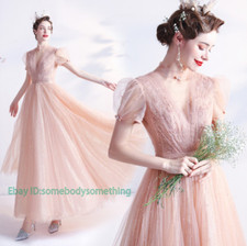 Gorgeous Pink V Neck Short Sleeve Floral Tulle Evening Dresses Party Prom Gown