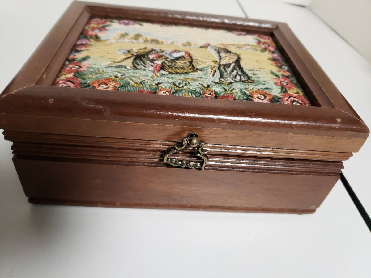 Vintage dark Wood jewelry box w/padded tapestry top 8.5X3