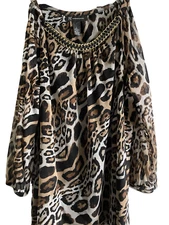 INC Large Leopard Blouse with Gold and Black Chain Collar