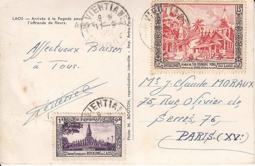 LAOS - SCOTT # 26 - RARE USAGE on PROPERLY FRANKED 1954 PPC to FRANCE !!
