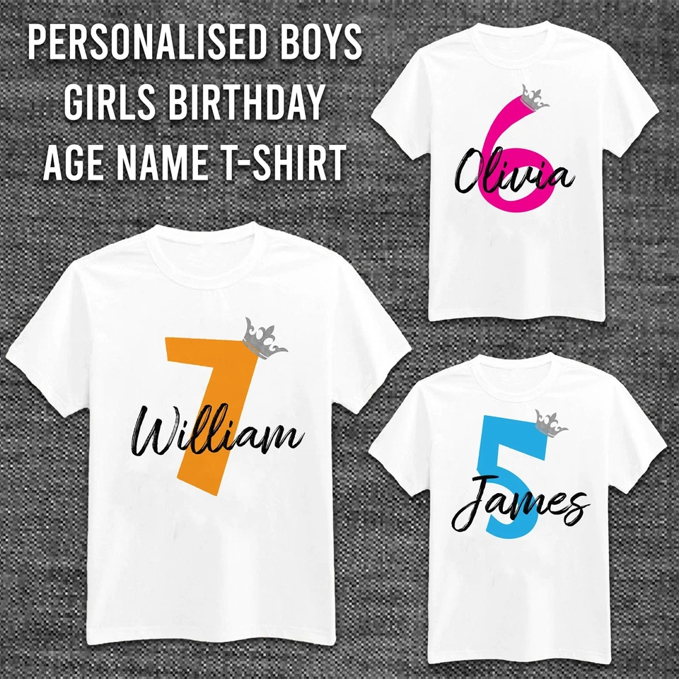 Personalised Kids T-Shirt Boys Girls Name & Age Birthday Gift 3 - 12 Yrs Tops.