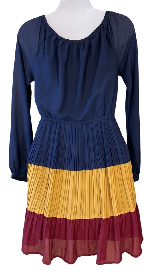 Double Zero Long Sleeve Tie Neck Lined Faux Wrap Pleated Colorblock Dress Small - Image 3 of 4