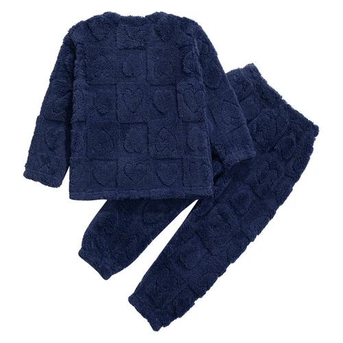 Kids Boys Girls Pajamas Set Solid Color Tops With Pants Round Neck Flannel Suit - Foto 71 di 72