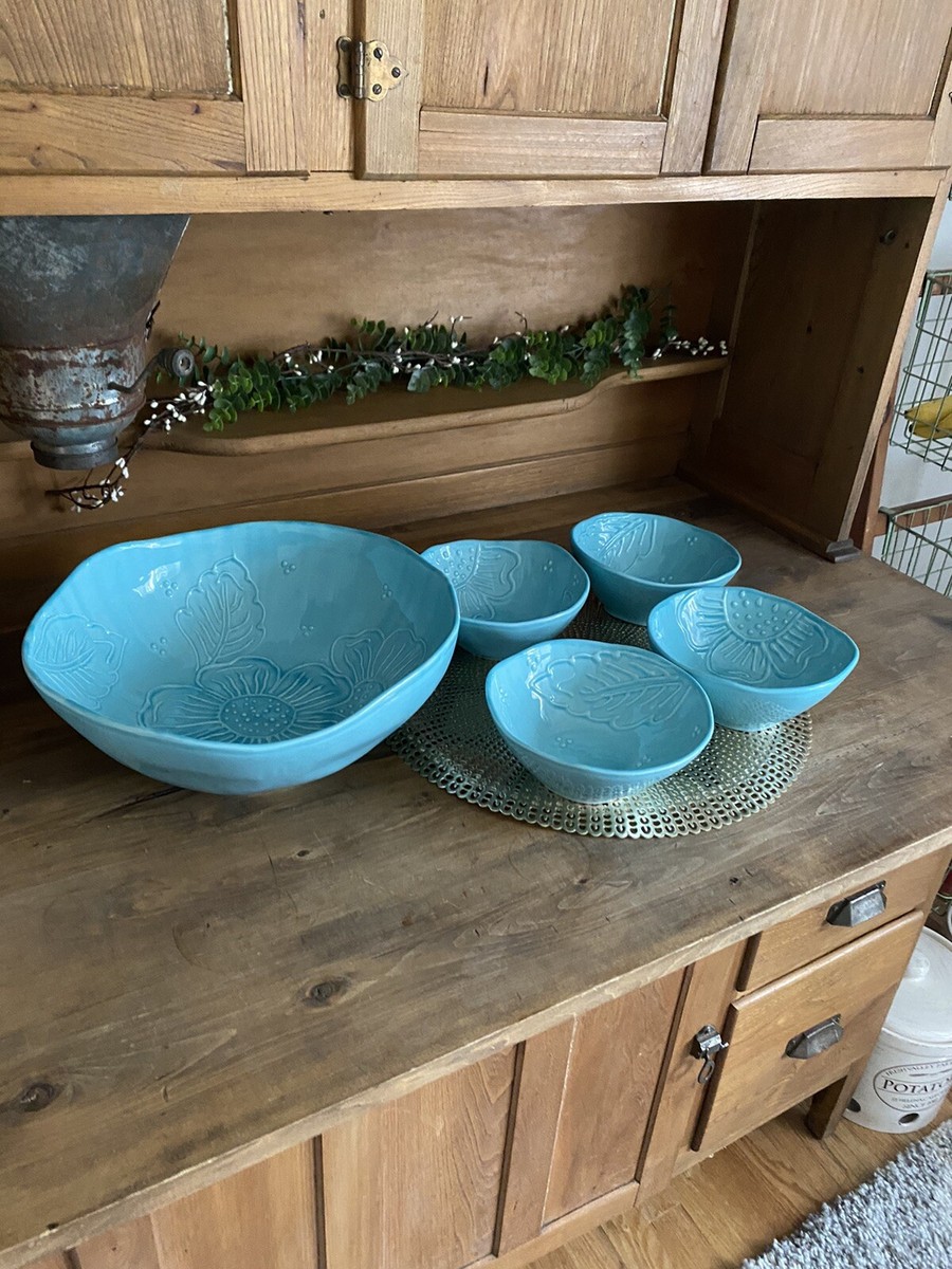 5 Pc Sole Di Toscana Turquoise Blue Salad Bowl Set Ceramic
