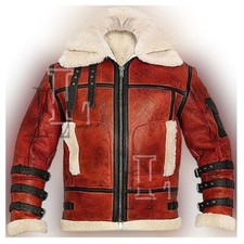 Handmade Men's Red Shearling Fur Black Stripes Bomber Leather Jacket, Sale!! - Image 1