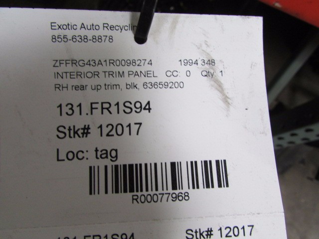 Ferrari 348, RH, Right Rear Upper Trim Panel, Black, Used, P/N 63659200