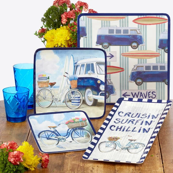 VW Bus Campervan Beach Time 28223 tabla de surf servir plato cuadrado melamina 14" Foto 2 de 2