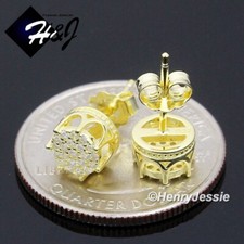 MEN 925 STERLING SILVER ICY CZ 7MM ROUND CROWN GOLD PLATED 3D STUD EARRING GE227