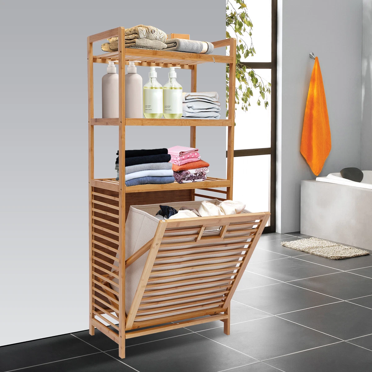 Laundry Hamper Bamboo Bathroom Cabinet Organizer 4 Tier Shower