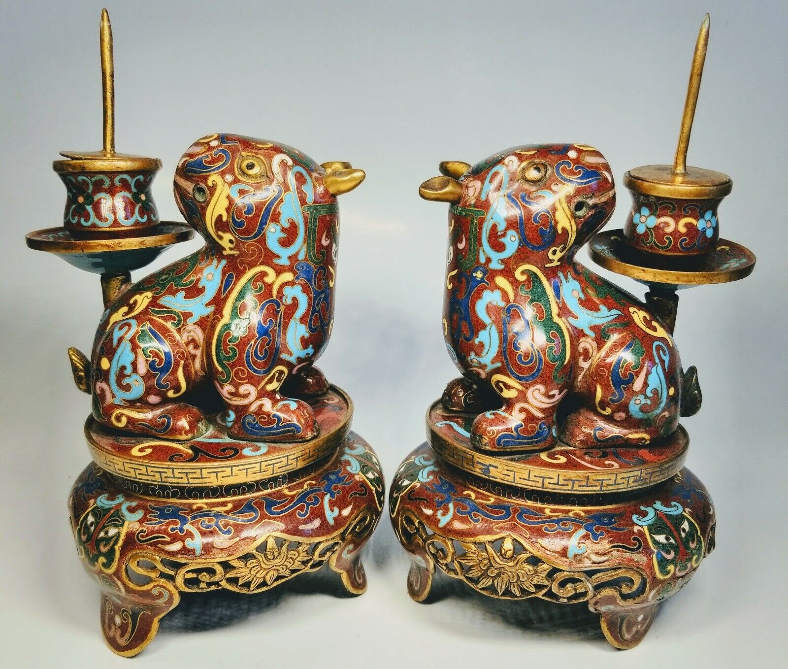 Antique 1920s Chinese Cloisonné Enamel on Foo Dog Bronze Pricket Candleholders
