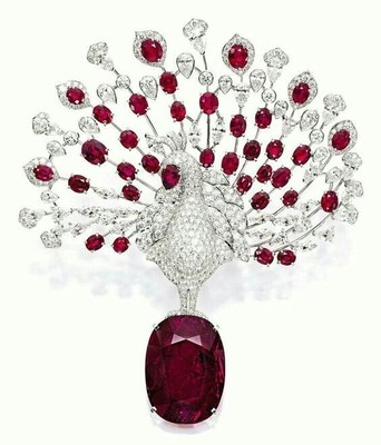 Cushion Lab Pigeon Blood Ruby Peacock Brooch 925 SS Artistic Statement Jewellery