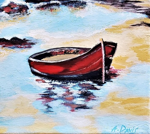 A.Z. Davis 14"x14" Original Acrylic Painting Folk Modern Abstract Seascape Boat - Picture 3 of 5