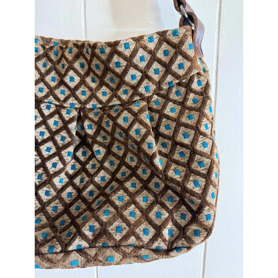 Midi Queen Shoulder Bag Women's Brown Blue Diamond Pattern Magnetic Closure - Image 2 of 4