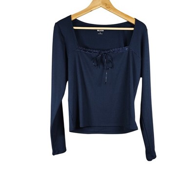 Hollister Navy Blue Ribbed Square Neck Long Sleeve Lace Trim Top XL Y2K style