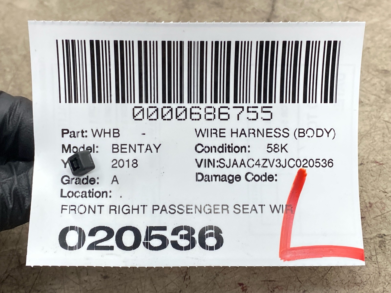 2016-2020 BENTLEY BENTAYGA FRONT RIGHT PASSENGER SEAT WIRE HARNESS 36C971366