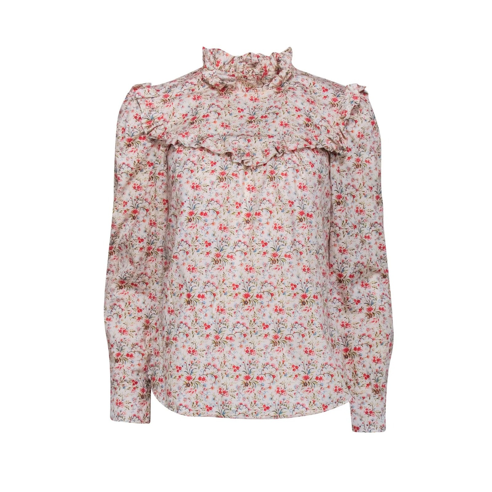 La Vie by Rebecca Taylor Floral Ruffle Neck Blouse Cream w/ Red & Green Small