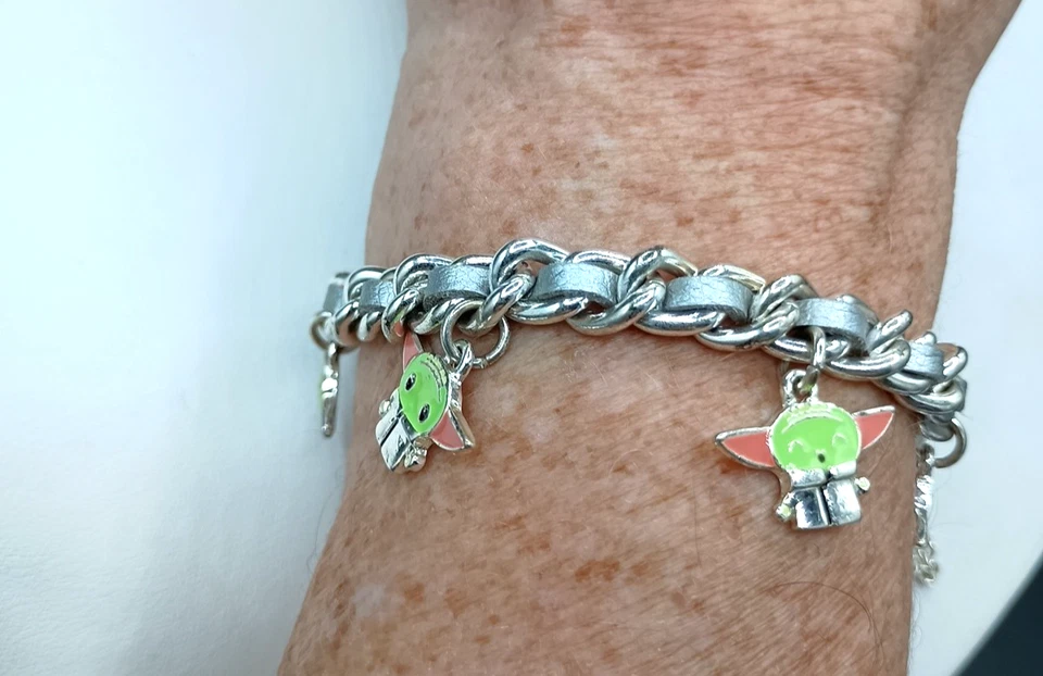 Disney Star Wars Charm Bracelet Baby Yoda Grogu Silver Tone Safety Chain 7.25 - Image 3 of 4