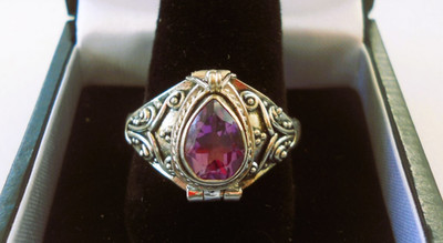 Handmade Sterling Silver Amethyst Tear Drop Poison Ring - Sizes 6-8-9