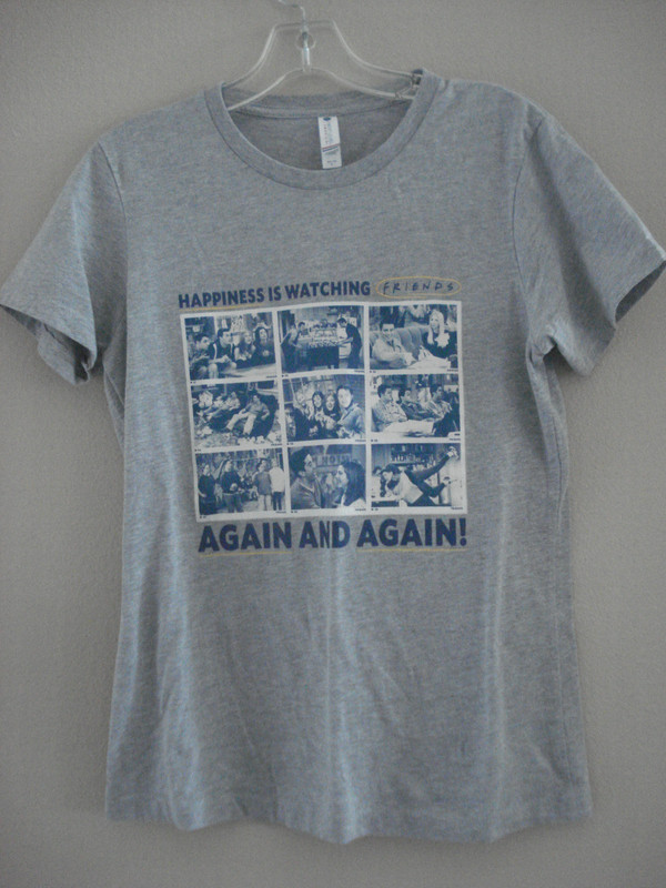 Gray T-Shirt Sz Large Happiness is Watching Friends TV Again-90% Cotton 10% Poly
