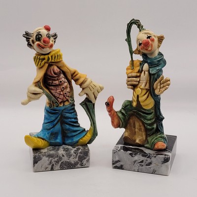 Vintage Two Fontanini Handpainted Resin Clowns on Carrara Marble Bases Italy 6''