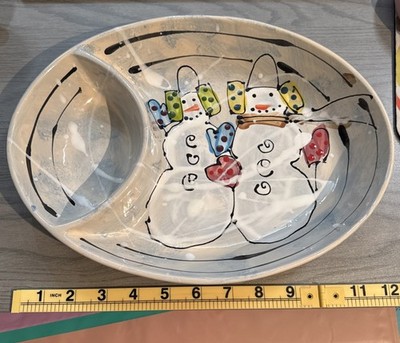 Zookey Pottery Signed Whimsical Snowmen Chip & Dip Platter Serving Dish Holiday