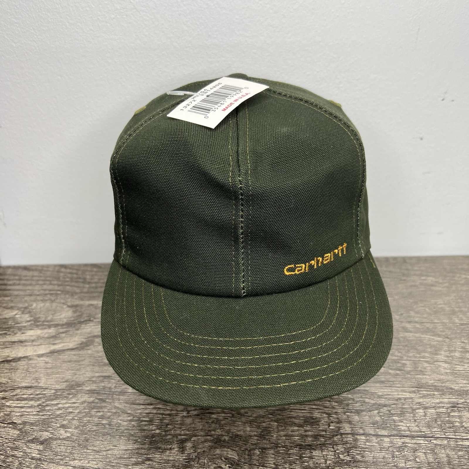 NWT Vintage Carhartt Hat Army Green Canvas Trucker Hat Made In USA RARE!