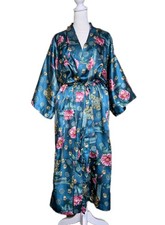 Vintage California Dynasty Satin Wrap Robe L Long Teal Pink Floral Belted