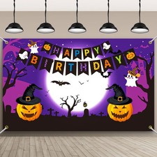 Halloween Birthday Banner Backdrop, 6 x 3.6 ft Pumpkin Moon Ghost Purple Scene a
