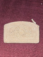 MCM Style Seed Bead Ivory Evening Hand Bag Floral Detailed Vintage Coin Purse